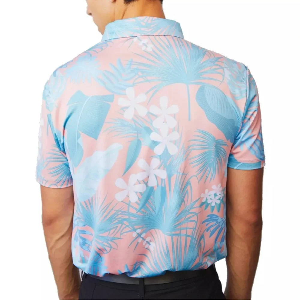 Bad Birdie Blue and Coral Polo Shirt with ‘Riviera’ Tropical Print - Picture 2 of 3
